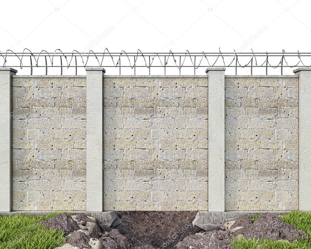 A hole dug up under the brickwall fence with barbed wire, front view, escape concept, 3d illustration