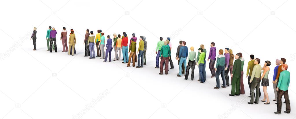 Crowd of people in the queue on a white background. 3d illustration