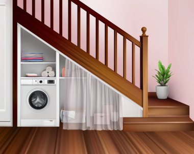 Laundry location under the stairs and storage space. Vector 3d realistic interior illustration.