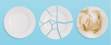 Clean, dirty broken plate vector illustration. Isolated on blue background clipart