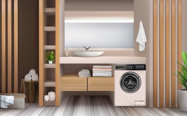Bathroom design with washing machine. Stylish vector realistic interior with wooden elements.