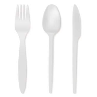 Kaşık, bıçak ve çatal piknik için dahil gerçekçi detaylı 3d tek kullanımlık beyaz plastik çatal bıçak takımı küme. Vektör çizim