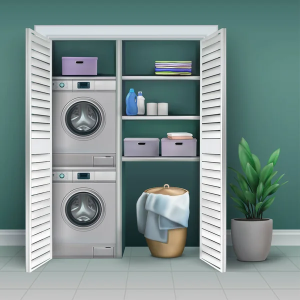 Storage Closet Washing Machine Means Washing Laundry Vector Realistic Illustration — 스톡 벡터
