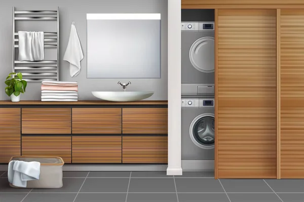 Vector Modernes Holzbad Mit Waschküche Realistische Illustration — Stockvektor