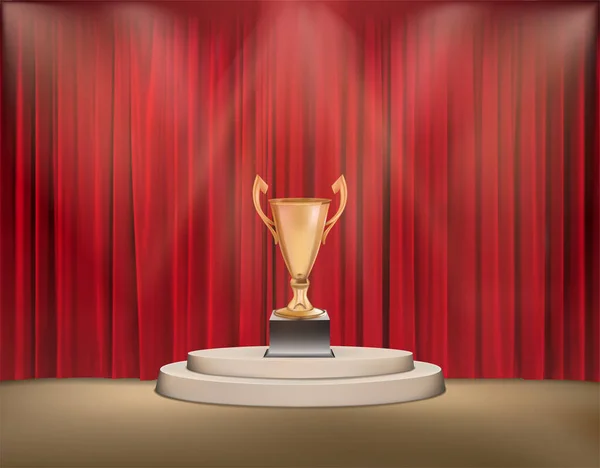 Золотий Трофей Єдесталі Червоними Шторами Векторна Ілюстрація — стоковий вектор