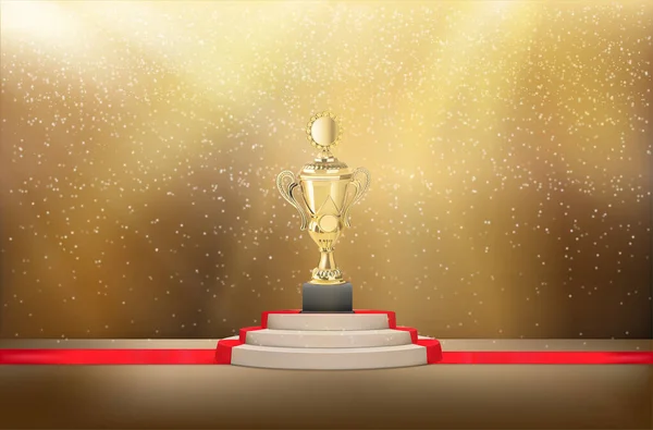 Award Trophy Pedestal Red Carpet Gold Background Vector Illustration — Stock Vector