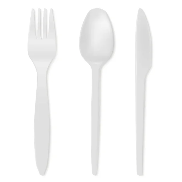 Realistico Dettaglio Set Posate Monouso Plastica Bianca Include Cucchiaio Coltello — Vettoriale Stock