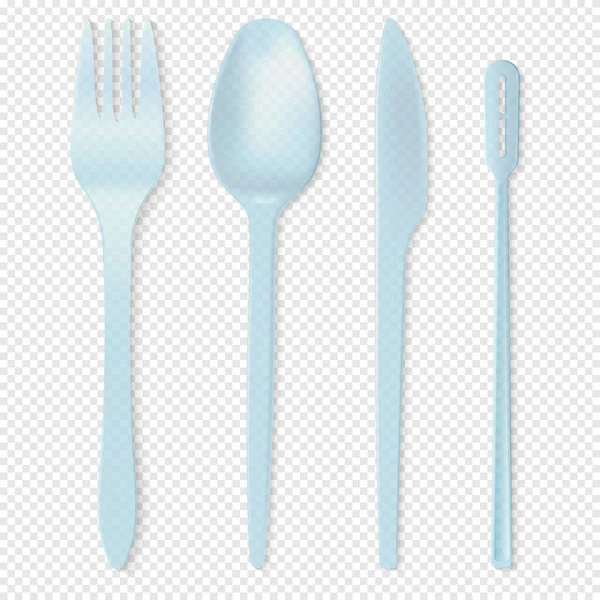 Realistik Detail Disposable White Plastic Cutlery Set Termasuk Spoon Knife - Stok Vektor