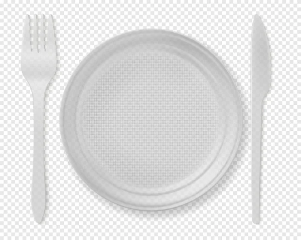 Realistic Detailed Disposable White Plastic Cutlery Set Include Spoon Knife — Stock Vector