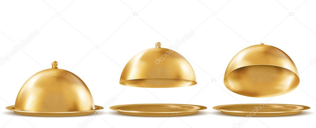 Gold trays with cloches Isolated on White Background. Vector illustration