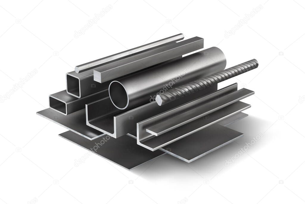 Set 1 of metal parts for metal structures. 3d vector illustration