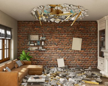 Destroyed interior concept, broken ceiling with a hole in it and the falling pieces around inside the living room, 3d illustration
