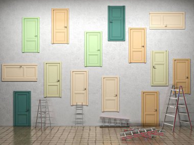 closed doors in room, unknown concept 3d illustration