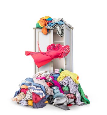 Open wardrobe with a bunch of clothes on a white background. 3d illustration.