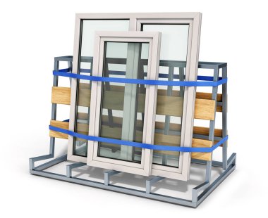 PVC windows are fixed to a pyramid structure and are ready to delivery, windows delivery, windows production concept, 3d illustration