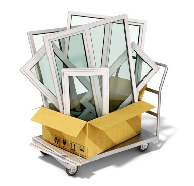 A lot of windows in open cardboard box on a cart, windows production concept, 3d illustration