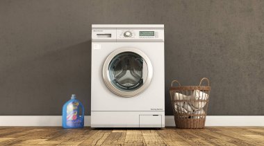 Laundry room on a grey wall background with detergent and a basket 3d illustration