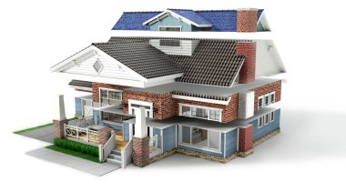 Sliced  house with different facade materials on a white background. 3d illustration