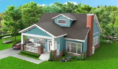 House in new york style in the garden. 3d illustration