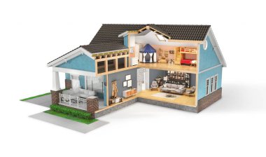 Sliced  house with furniture on a white background. 3d illustration