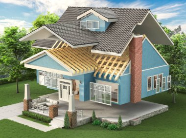 Sliced  house with different facade materials at the garden. 3d illustration
