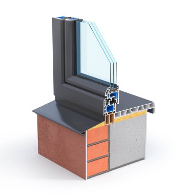 Slice of window in the wall. See structure and layers. 3d illustration