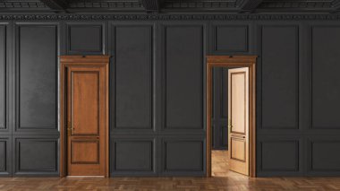 3D render of a classic interior decorated in black color and parquet with doors. 3d illustration