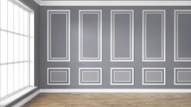3D render of a classic interior decorated in gray color with parquet and window. 3d illustration