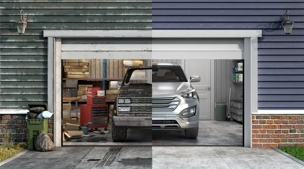 Renderização Sujo Limpo Garagem Interior Com Portas Abertas Carros Frente — Fotografia de Stock