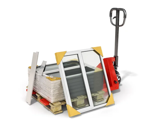 Pvc Windows Packaging Process Pallet Pallet Jack Isolated White Background — Stok fotoğraf