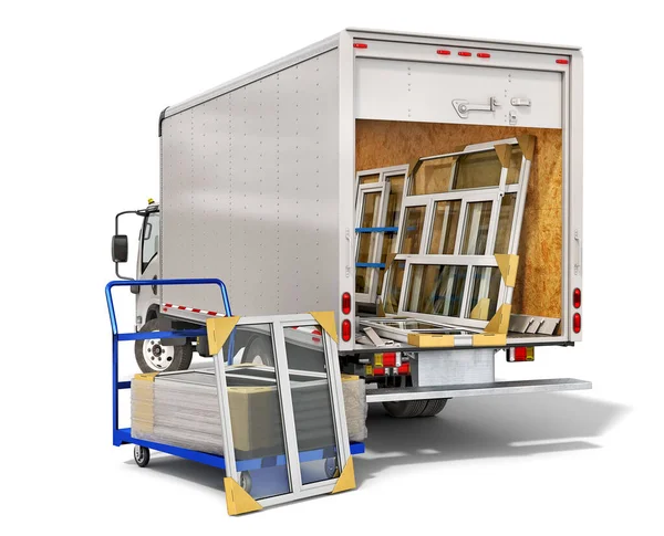 Pvc Windows Loading Cart Back Truck Windows Delivery Windows Production — 图库照片