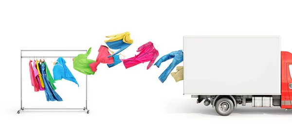 Concept Moving Clothes Fly Hanger Truck Van Isolated White Background — 스톡 사진