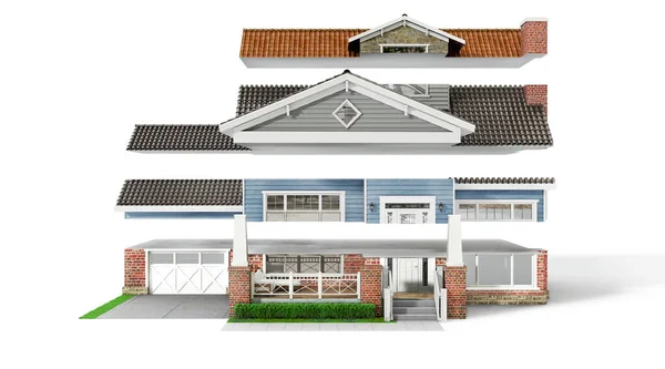 Casa Cortada Com Diferentes Materiais Fachada Fundo Branco Ilustração — Fotografia de Stock