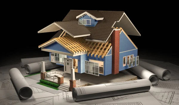 Sliced House Furniture Blueprints Dark Illustration — 图库照片