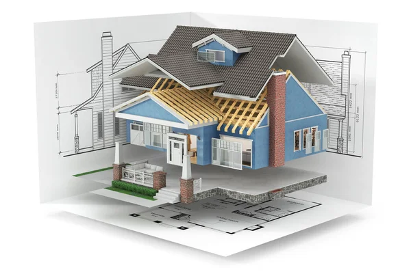 Sliced House Furniture Blueprints White Background Illustration — 图库照片