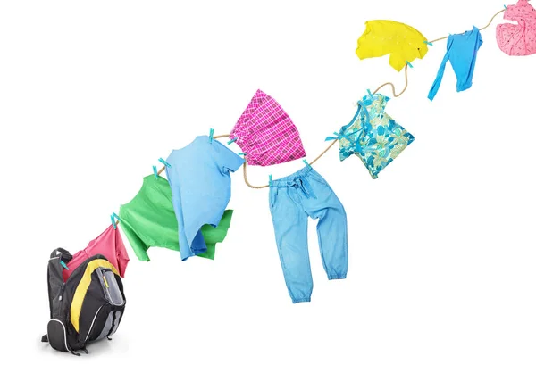 Clothes Fly Backpack Clothesline White Background — Stok fotoğraf