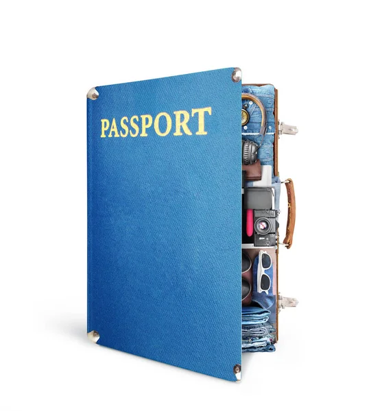Koncepcja Podróży Walizka Postaci Otwartego Paszportu Odizolowanego Białym Tle Urlop — Zdjęcie stockowe
