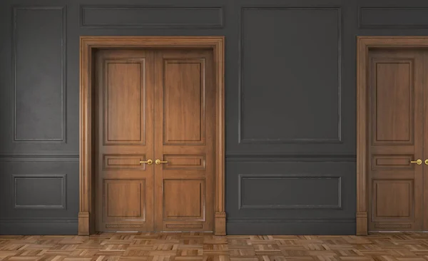 Rendering Einer Klassischen Innenwand Schwarzer Farbe Mit Parkett Und Türen — Stockfoto