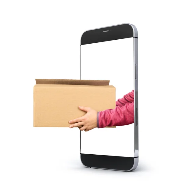 Delivery Concept Hands Stretch Open Box Smartphone Screen Isolated White — Stock Photo, Image