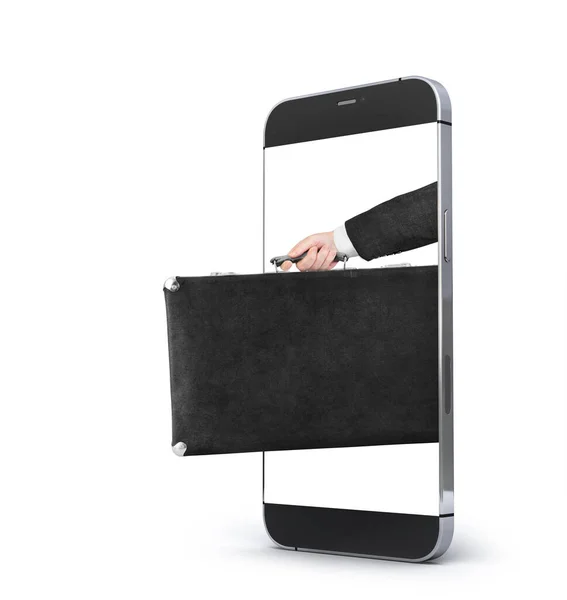 Hands Stretch Suitcase Smartphone Screen Isolated White Background Online Ordering — Stock Photo, Image