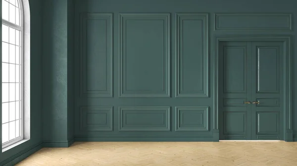 Render Classic Interior Decorated Green Color Parquet Window Illustration — Stok fotoğraf