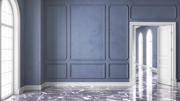 3D render of a classic interior decorated in blue color and marble floor. 3d illustration