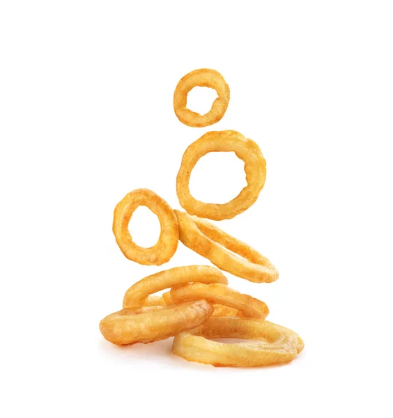 Onion Rings Batter Flight White Background — 스톡 사진