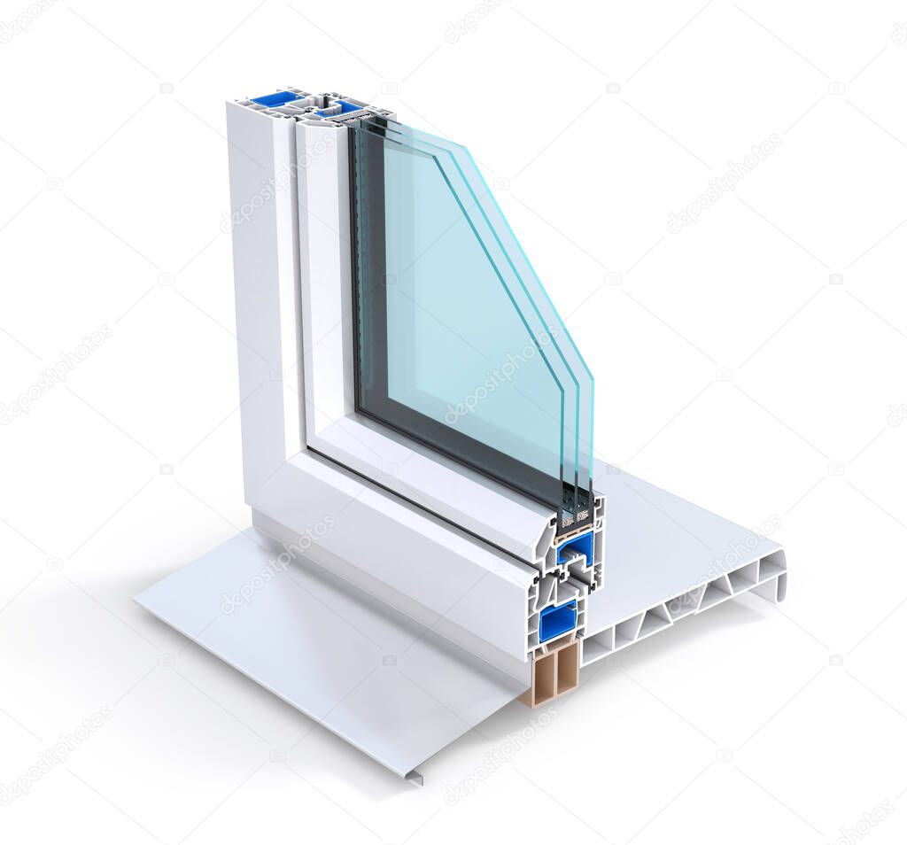 Slice of energy efficient window. See structure in cutaway. 3d illustration