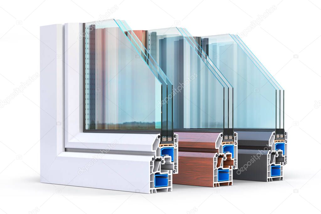 Slice of energy efficient windows. See structure in cutaway. 3d illustration