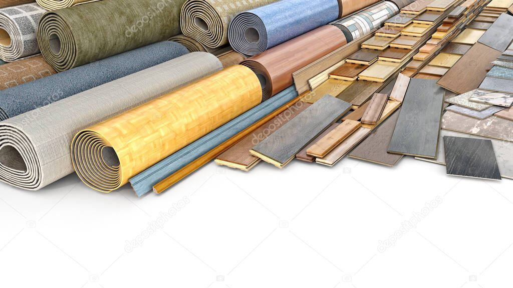 Various and different floor materials stacked up together one by another, 3d illustration