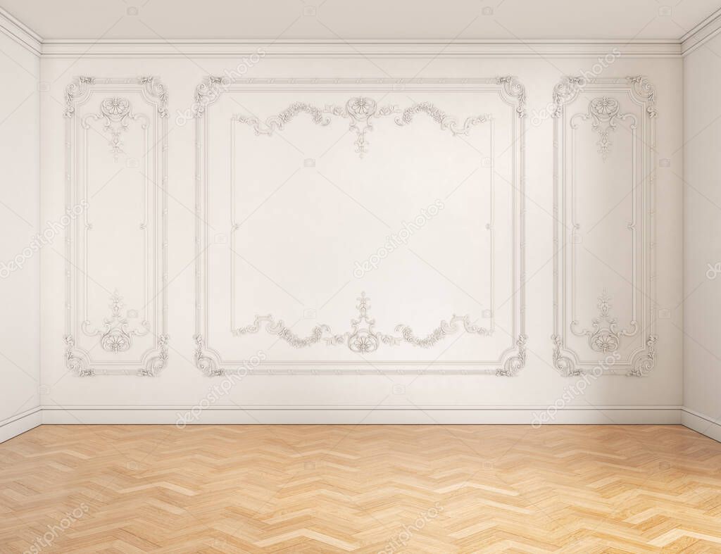 3D render of a classic interior  decorated in warm color with parquet. 3d illustration