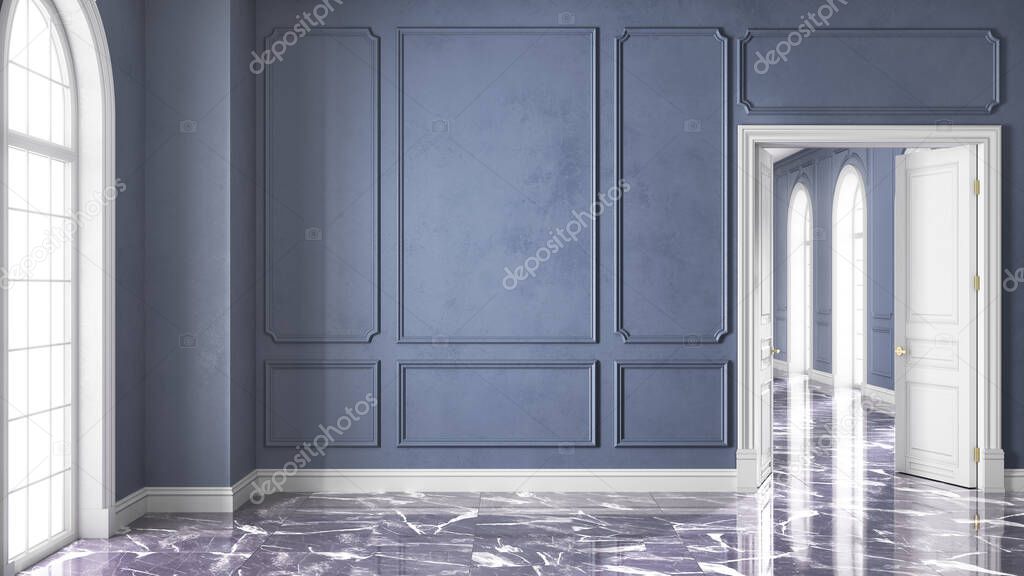 3D render of a classic interior decorated in blue color and marble floor. 3d illustration