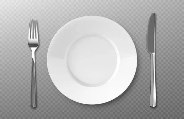 Empty Plate Fork Knife Cutlery Isolated Transparent Background Top View — Stock Vector