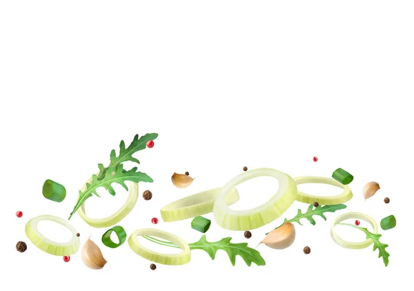 Weiße Zwiebeln Und Grüne Zwiebelringe Knoblauch Und Rucola Vektor Illustration — Stockvektor